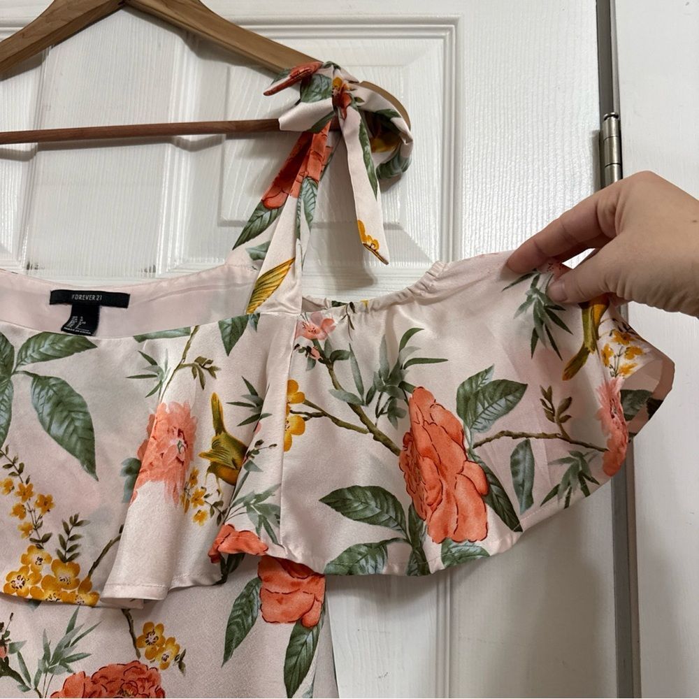 Forever21 Floral Bird Cottagecore Mini Dress L Tie Cold Shoulder Ruffle Lined - Picture 2 of 8